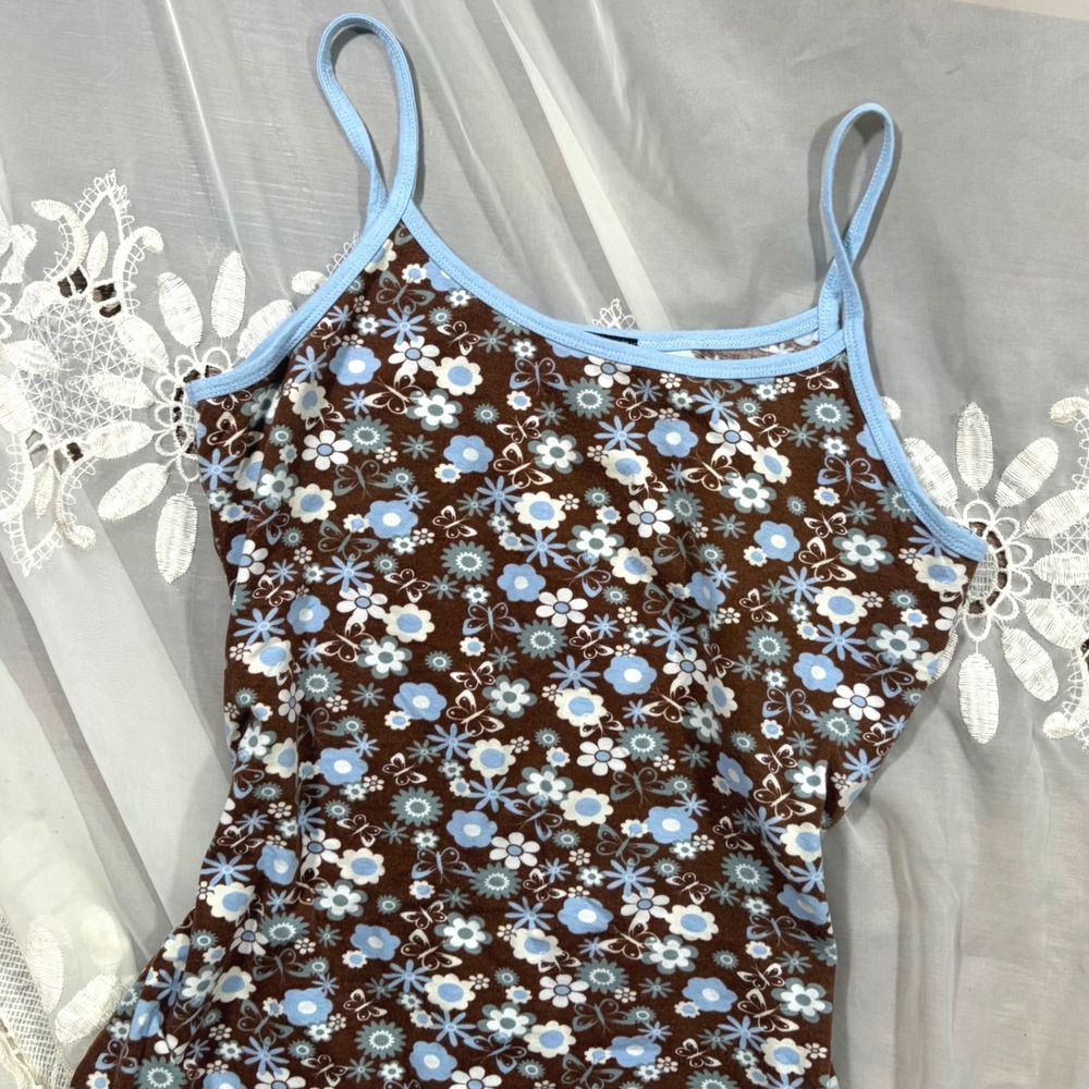 Y2K Brown Blue Floral Butterfly Cami Mini Dress Small Bodycon Spaghetti Strap